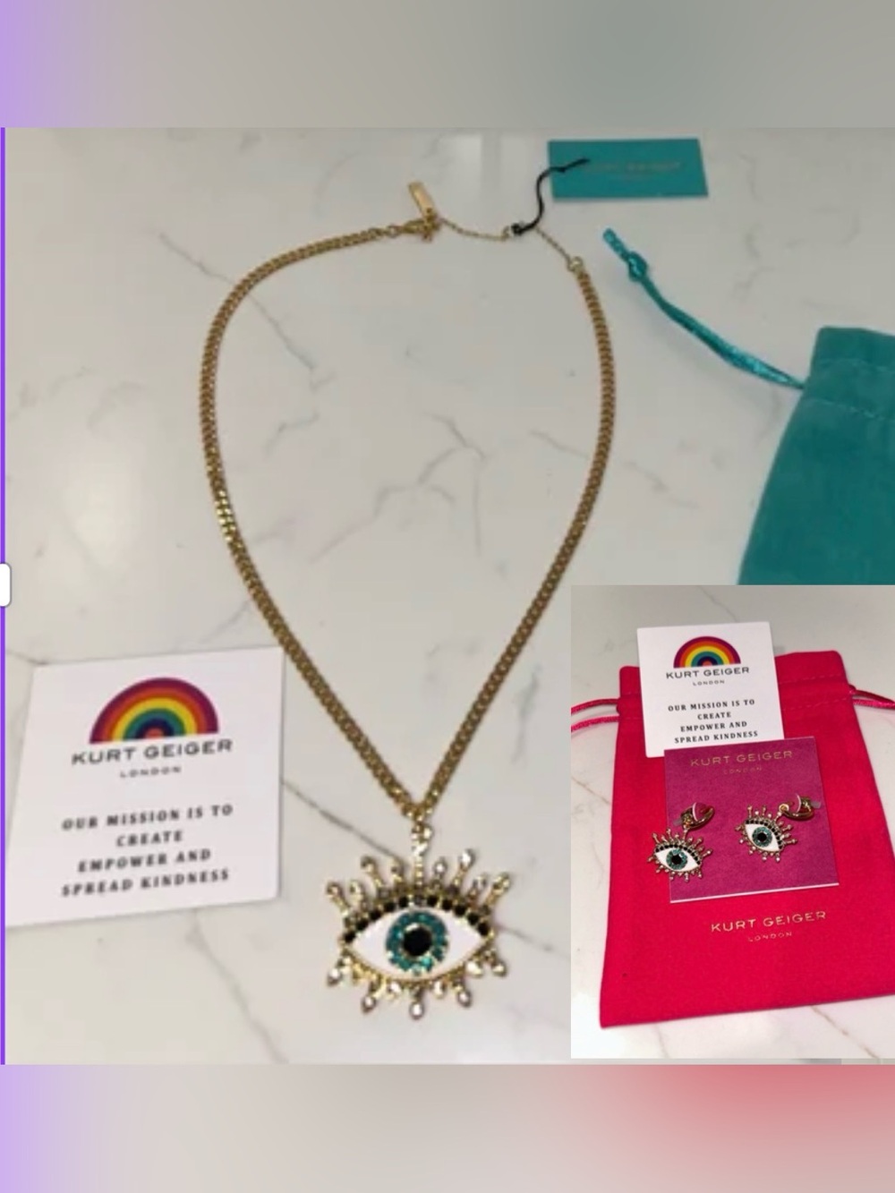 Kurt Geiger London Evil Eye set CURB necklace NWT&dustbag& Huggie earrings NWT